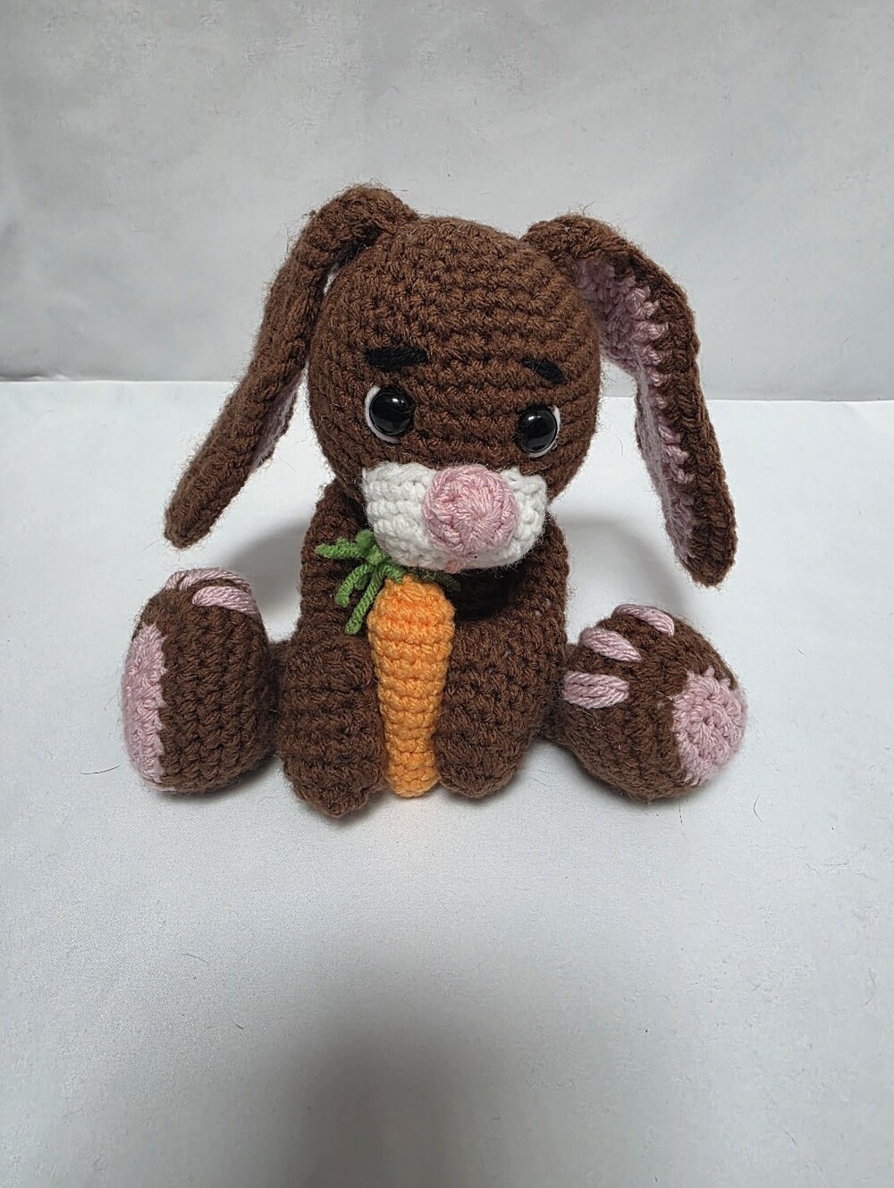 Handmade Crochet Brown Bunny Plush with Carrot 11 Inch Stuffed Animal